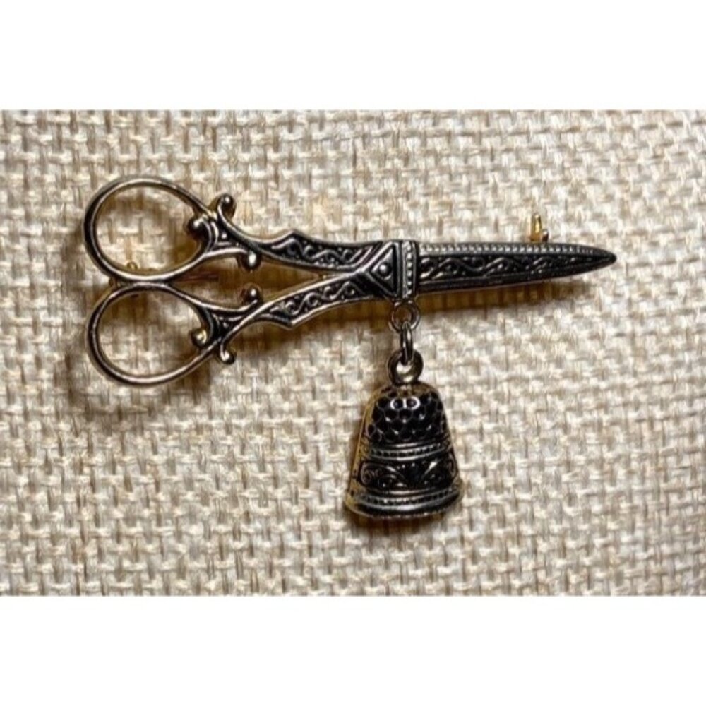 Vintage Gold & Silver Scissors Brooch Dangling Thimble Charm Made In Spain 2"